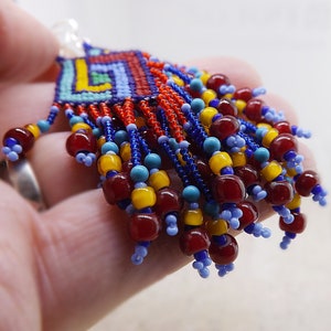 Long Fringed Seed Bead Earrings, Colorful Seed Bead Earrings, Red Yellow Blue Seed Bead Earrings, Geometric Woven Bead Earrings imagem 6