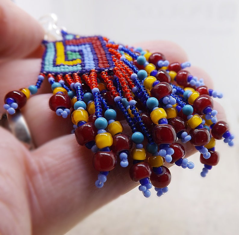 Long Fringed Seed Bead Earrings, Colorful Seed Bead Earrings, Red Yellow Blue Seed Bead Earrings, Geometric Woven Bead Earrings image 6