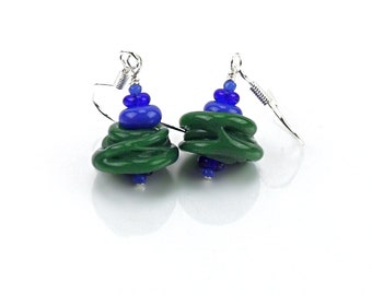 Small Boho Glass Bead Tree Earrings, Lampwork Swirl Bead Boho Dangle Earrings, Green and Blue Glass Earrings, Funky Holiday Earrings Gift