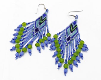 Long Seed Bead Earrings, Geometric Seed Bead Earrings, Boho Sparkly Seed Bead Earrings, Blue Green Fringed Seed Bead Earrings