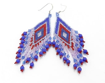 Long Fringed Seed Bead Earrings, Sparkly Seed Bead Earrings, Geometric Seed Bead Earrings, Diamond Pattern Earrings, Crystal Fringe Earrings