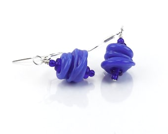 Blue Glass Swirl Bead Dangle Earrings, Small Boho Funky Earrings, Lampwork Bead Drop Earrings, Dangle Earrings Gift for Adults and Children