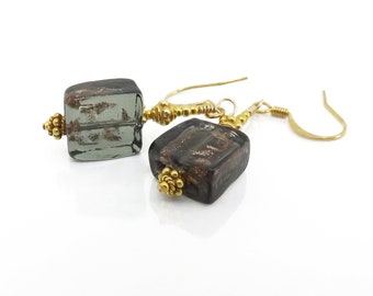 Murano Glass Square Earrings, Gray and Gold Glass Dangles, Italian Glass Drop Earrings, Charcoal Gray Earrings, Venetian Glass Earrings