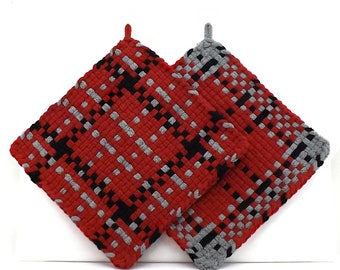 Red Black and Gray 100% Cotton Woven Pot Holders, Large 8 1/4 Inch Square Hot Pads, Kitchen Shower Potholders, Hot Pads Pot Holder Gift Set