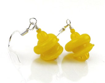 Sunshine Yellow Glass Bead Earrings, Small Swirl Bead Dangle Earrings, Funky Lampwork Glass Dangles, Boho Glass Dangles Birthday Gift