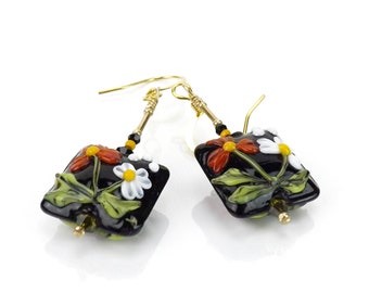 Lampwork Flower Glass Bead Earrings, Square Bead Dangle Earrings with Red and White Flower Patterns, Boho Flower Child Earrings Gift for Her