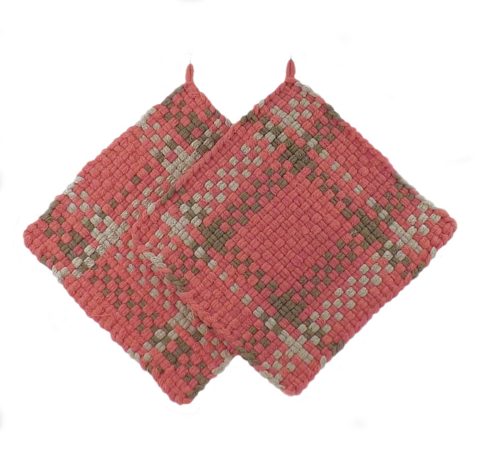 Large 100 Cotton Woven Pot Holders, 8 1/4 Inch Square Pink Beige and