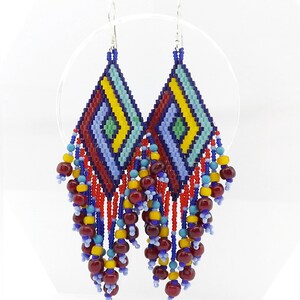 Long Fringed Seed Bead Earrings, Colorful Seed Bead Earrings, Red Yellow Blue Seed Bead Earrings, Geometric Woven Bead Earrings image 7