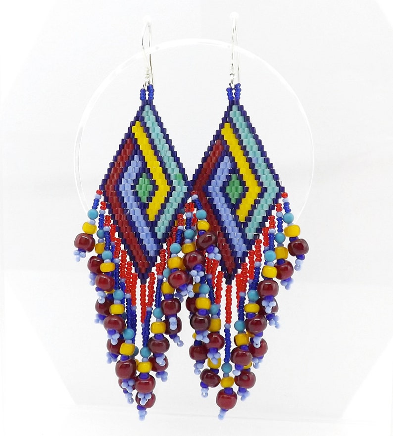 Long Fringed Seed Bead Earrings, Colorful Seed Bead Earrings, Red Yellow Blue Seed Bead Earrings, Geometric Woven Bead Earrings image 7