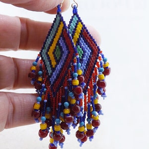 Long Fringed Seed Bead Earrings, Colorful Seed Bead Earrings, Red Yellow Blue Seed Bead Earrings, Geometric Woven Bead Earrings image 2