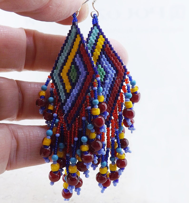 Long Fringed Seed Bead Earrings, Colorful Seed Bead Earrings, Red Yellow Blue Seed Bead Earrings, Geometric Woven Bead Earrings image 2