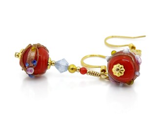 Red Floral Glass Bead Earrings, Wedding Cake Bead Earrings, Red Earrings with Gold Accents, Red Round Bead Earrings, Floral Round Earrings