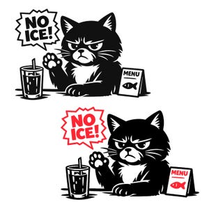 以下が含まれることがあります： 「NO ICE！」の吹き出しが付いた、怒った猫の白黒漫画イラスト。猫は飲み物と、魚のシンボルが付いた「MENU」と書かれたメニューがあるテーブルに座っています。