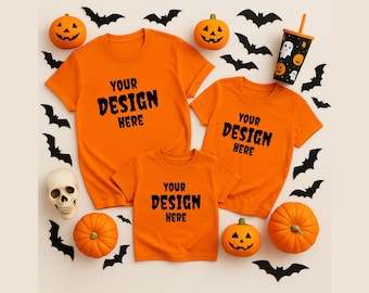 Maqueta de camiseta familiar de Halloween: Lienzo Bella naranja, plano (descarga digital)