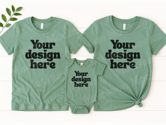 Green Family Mockup, Tshirt flat lay for Baby shower, Gender Reveal clothes, POD business, Etsy shirt Photo