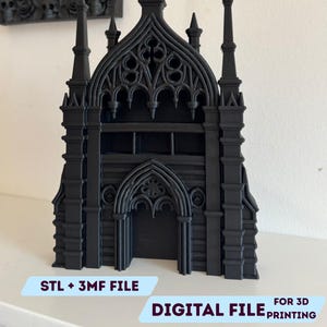 May include: A black gothic cathedral model with detailed architectural features, such as arched windows and spires. The text "STL + 3MF FILE" and "DIGITAL FILE FOR 3D PRINTING" are displayed. This is a digital file for 3D printing.
