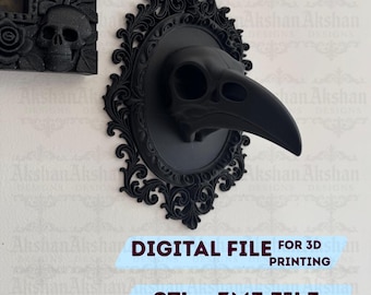 May include: A black raven skull wall decor with an ornate frame. The skull has a long beak and is mounted on a decorative oval plaque. The image also includes text that says "DIGITAL FILE FOR 3D PRINTING" and "STL + 3MF FILE".