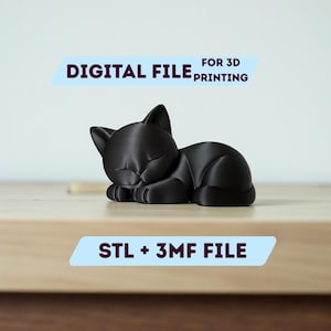 May include: A black 3D-printed cat figurine in a sleeping pose. The figurine is on a wooden surface. Text on the image reads "DIGITAL FILE FOR 3D PRINTING" and "STL + 3MF FILE".