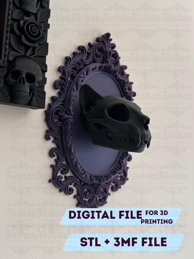 May include: A black cat skull mounted on a purple oval plaque with ornate, dark purple framing. The image includes text that reads "DIGITAL FILE FOR 3D PRINTING" and "STL + 3MF FILE". A black skull is visible on the left.