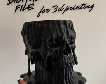 May include: A black, 3D-printed skull-shaped planter with a melting wax design. The planter has a wide base and a hollow interior. The text "DIGITAL FILE for 3d printing" is written above the planter.