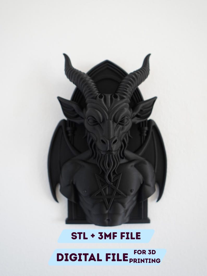 May include: A black 3D-printed sculpture of Baphomet, a goat-headed deity, with large horns, wings, and a pentagram on its chest. The sculpture is set against a white background. Text at the bottom reads "STL + 3MF FILE" and "DIGITAL FILE FOR 3D PRINTING".