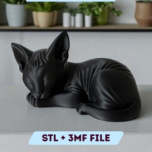 May include: A black, stylized sculpture of a Sphynx cat in a resting pose. The cat is lying down with its eyes closed. The text "DIGITAL FILE FOR 3D PRINTING" and "STL + 3MF FILE" are displayed on the image.