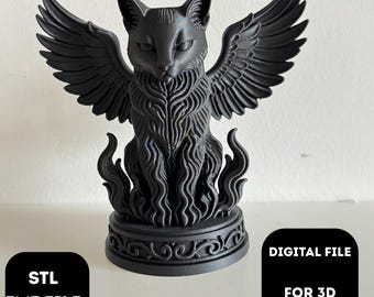 May include: A black 3D-printed sculpture of a winged cat, perched atop a decorative base with flame-like details. The sculpture has large, detailed wings and a feline face. The image includes text that reads "STL 3MF FILE" and "DIGITAL FILE FOR 3D PRINTING".