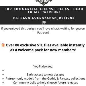 May include: A promotional graphic for Akshan Designs, featuring the company logo and text. The text encourages viewers to visit the Patreon page for commercial licenses and exclusive STL files, including early access to new designs and community polls.