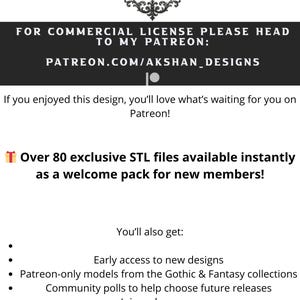 May include: A promotional graphic for Akshan Designs, featuring the company logo and text. The text encourages viewers to visit the Patreon page for commercial licenses and exclusive STL files, including early access to new designs and community polls.