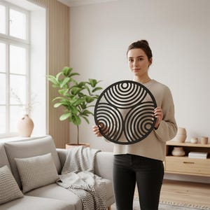 Round wood wall hanging, Circular wall panels, Geometric line art, Triptych wooden, Modern wood wall decor, Rustic nature decor image 3