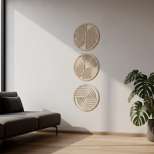 Round wood wall hanging, Circular wall panels, Geometric line art, Triptych wooden, Modern wood wall decor, Rustic nature decor image 14