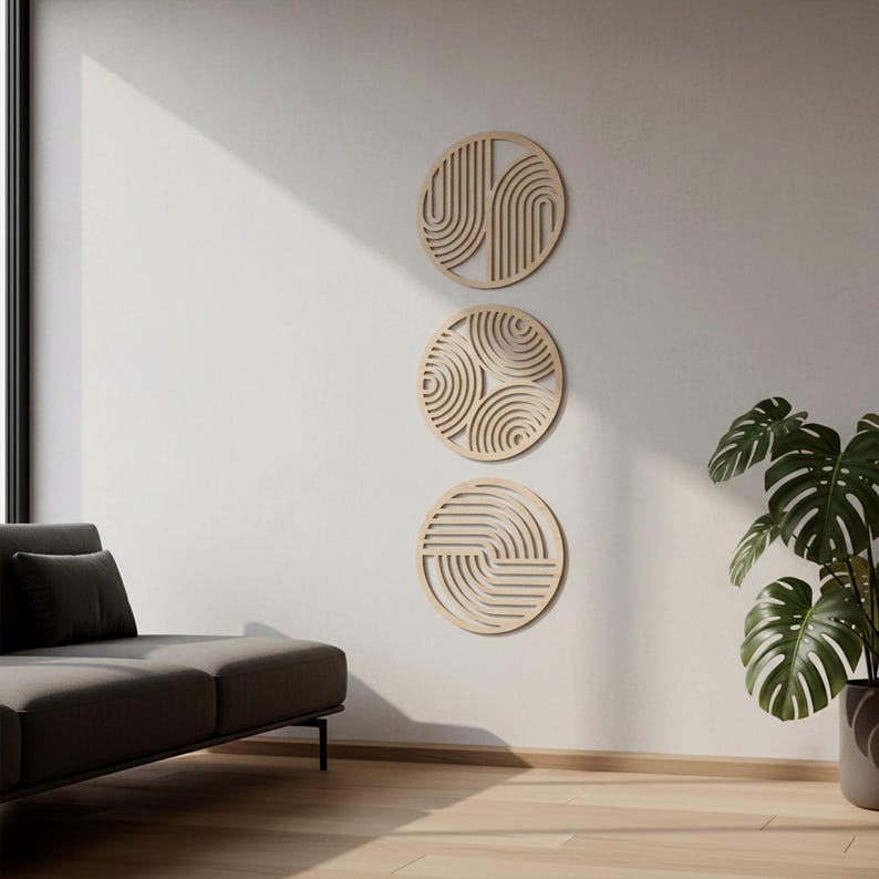 Round wood wall hanging, Circular wall panels, Geometric line art, Triptych wooden, Modern wood wall decor, Rustic nature decor image 14