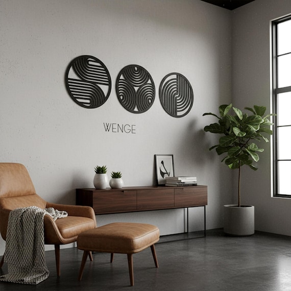 Round wood wall hanging, Circular wall panels, Geometric line art, Triptych wooden, Modern wood wall decor, Rustic nature decor