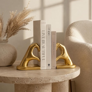 Gold Hand Bookends, Heart Shape Book Ends, Modern Decorative Bookends, Resin Book Holders, Love Book Ends, Minimalist Shelf Decor