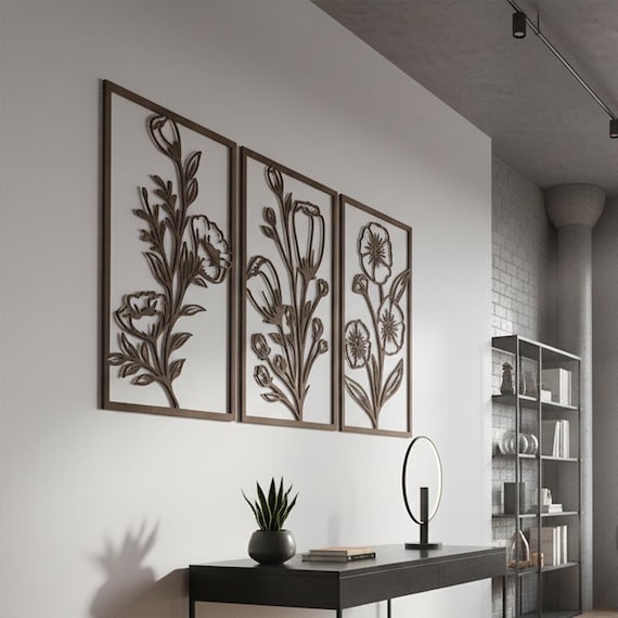Floral wood wall decor, Flower wall hanging set, Botanical wall art, Rustic nature decor, Wood mural, Trio wall plaques, Over the bed art