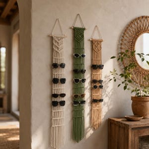 May include: Three vertical macrame wall hangings made of cotton cord in cream, olive green, and tan. Each piece features a wooden dowel at the top with a hanging loop and multiple horizontal rows designed to hold pairs of sunglasses.