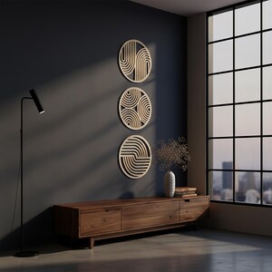 Round wood wall hanging, Circular wall panels, Geometric line art, Triptych wooden, Modern wood wall decor, Rustic nature decor image 15