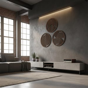 Round wood wall hanging, Circular wall panels, Geometric line art, Triptych wooden, Modern wood wall decor, Rustic nature decor image 16