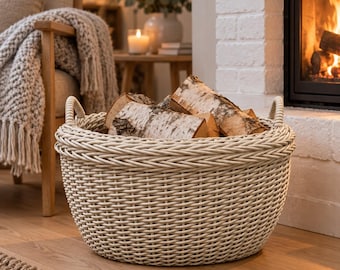 Firewood Holder, Handwoven Artificial Rattan Log Basket for Fireplace, Blanket Storage, 3 Sizes