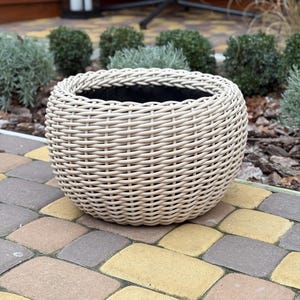 Peut inclure: Un pot de fleurs rond et beige tissé avec un intérieur noir. Le pot est fait d'un matériau tissé serré, créant une surface texturée. Le pot repose sur un patio en briques multicolores, avec des plantes vertes en arrière-plan.