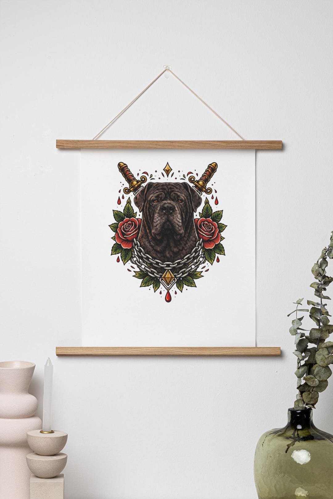 Cane Corso Tattoo Design PNG, Gothic Dog Clipart, Corso Head With Roses ...
