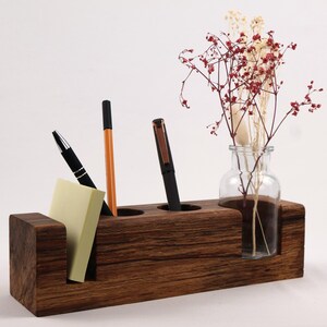 Moderne organizer van massief hout voor op kantoor en eettafel | Houten organizer met glazen vaas | Tafeldecoratie en opbergruimte | Massief beukenhout met natuurlijke kern