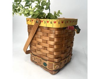 Vintage Teacher Basket Cottagecore 90s Decor Ruler Rim Button Thimbles