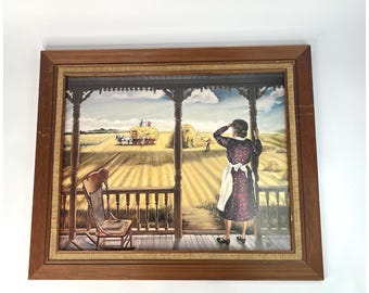 L・アグニュー作「ポーチで干し草を束ねる男たちを眺める女性」の絵画の額装プリント