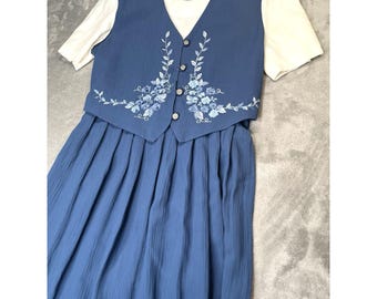 VTG Allison-Che Cottage Core Dress Blue Floral Embroidery Vest Size 10 90s
