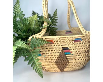 Vintage Large Straw Raffia Tote Handbag Colorful Rattan Woven Bag