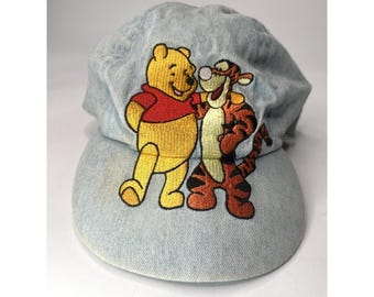 Vintage Disney Winnie the Pooh Tigger Baseball Cap Denim Hat Best Buddies 90s Blue Faded