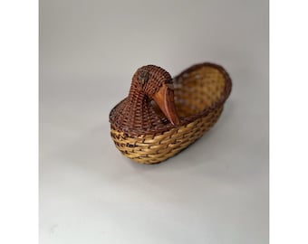 Wicker Duck Planter Woven Basket Rattan Rustic Farmhouse Decor Primitive 8 Inch
