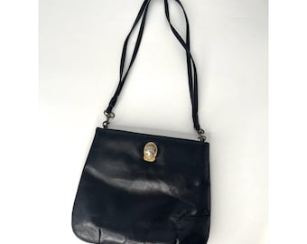 Vintage 1960er Ruth Saltz Löwenkopf Umhängetasche schwarze Leder Handtasche