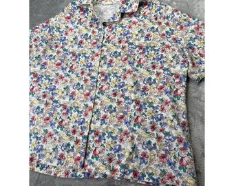 Bluzka w kwiaty w stylu vintage z lat 90.: Damska letnia bluzka z nadrukiem róży, rozmiar L